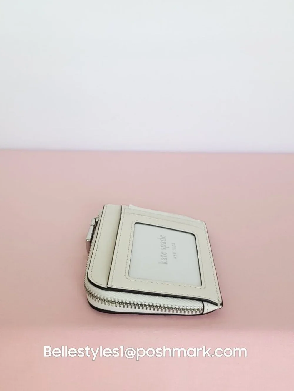 KATE SPADE Mini Zipper ID Card Case in Smooth Leather w Print-Cream multi⭐